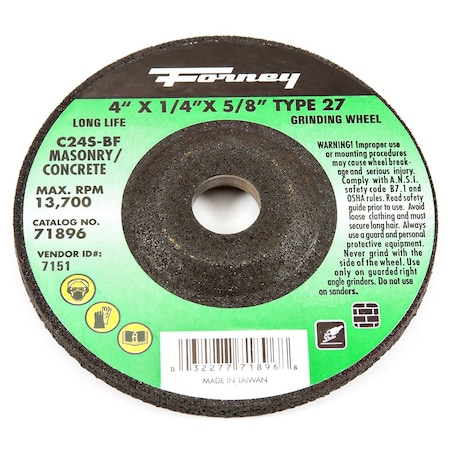 Forney Grinding Wheel, Masonry, Type 27, 4 in x 1/4 in x 5/8 in 71896